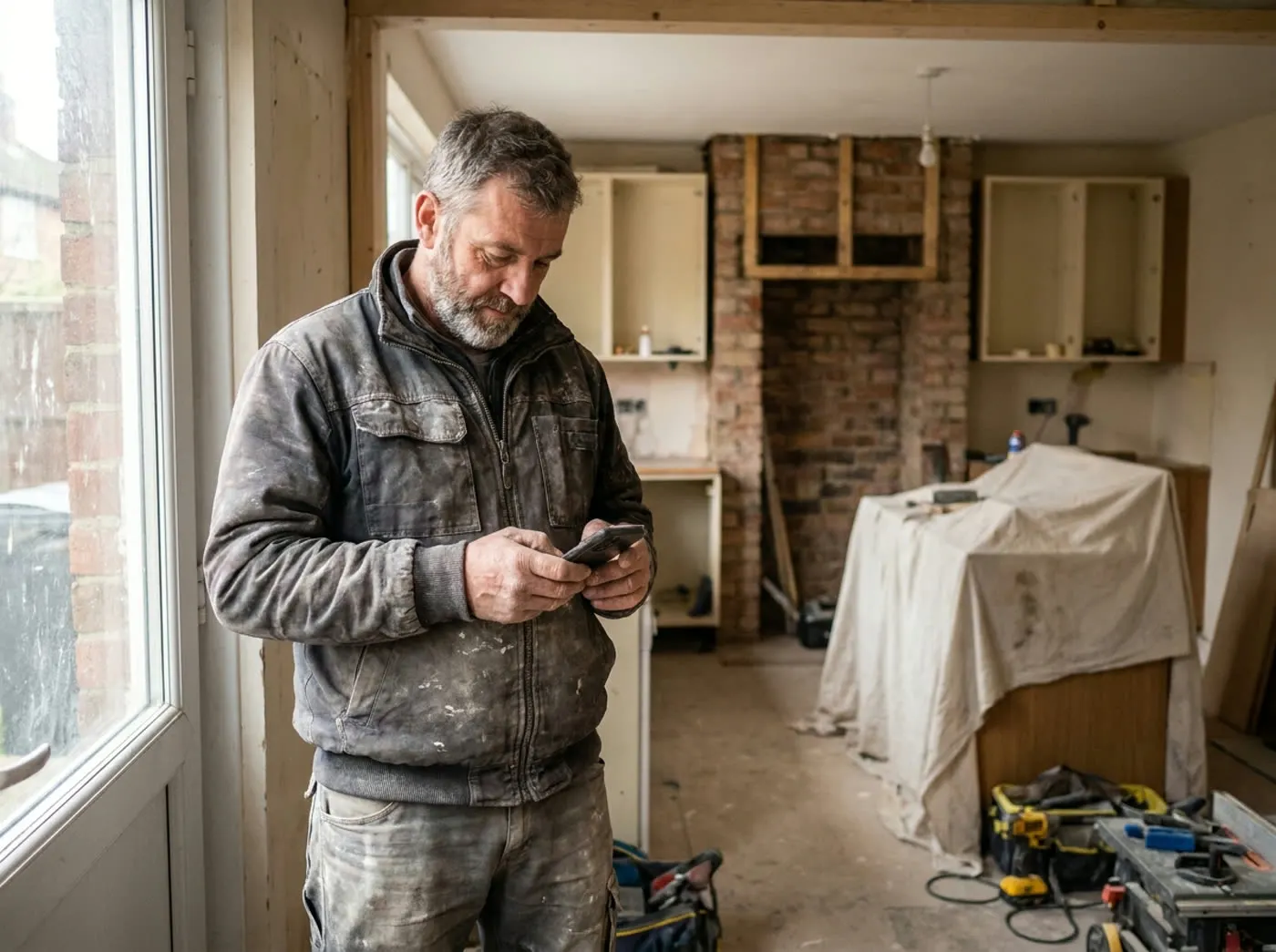 A builder in a stripped-out kitchen, checking his phone between jobs.