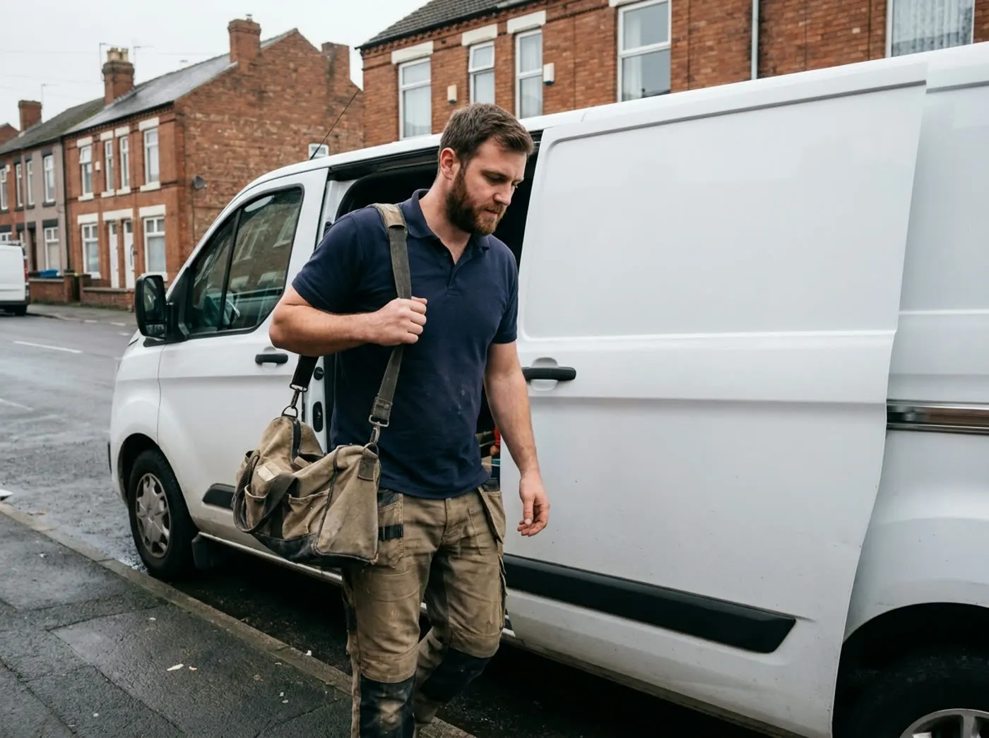 A tradesman stepping out of a white van on a terraced street, tool bag over his shoulder.