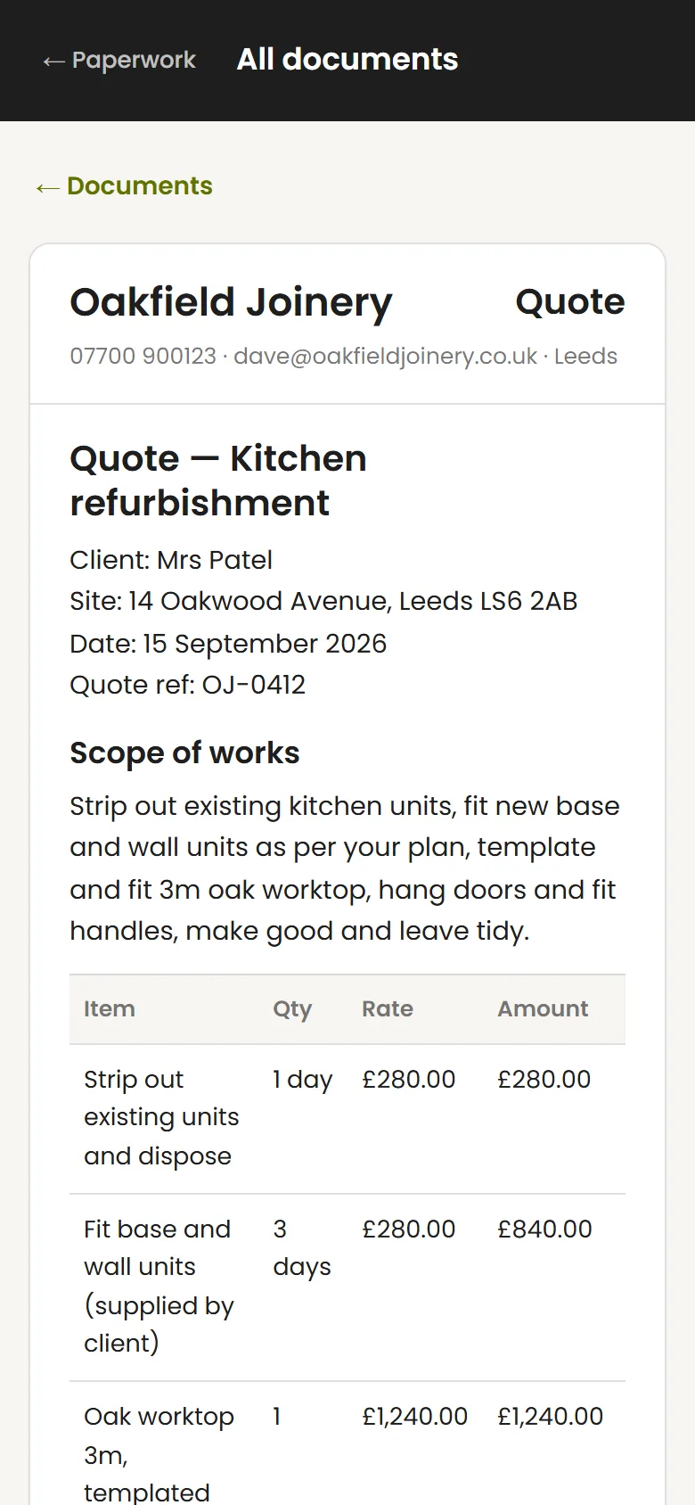 The prepared quote on Oakfield Joinery’s letterhead with an itemised table.