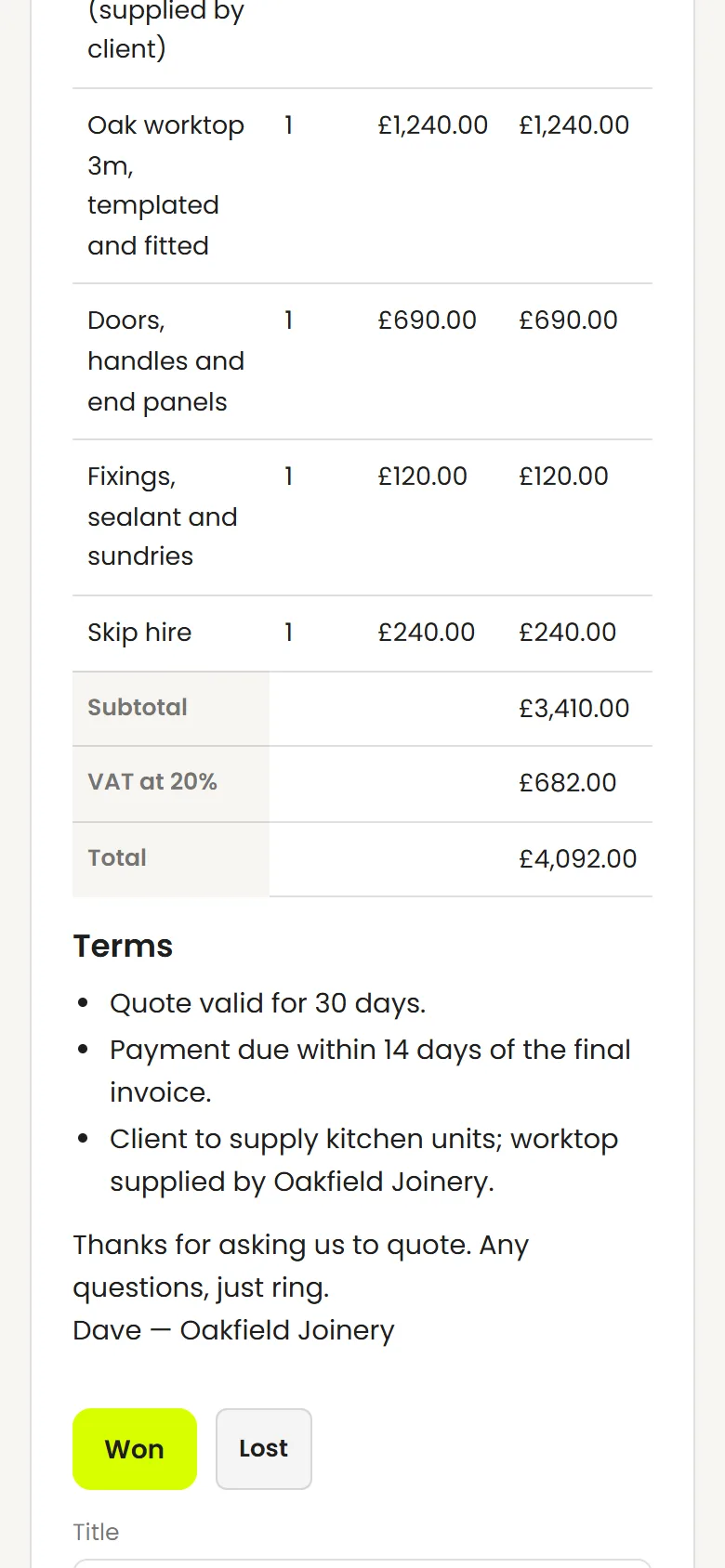 The quote’s totals and terms, with Won and Lost buttons beneath it.