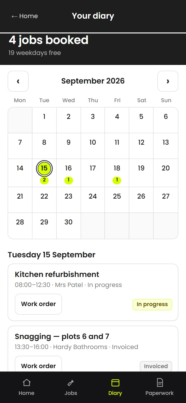 The diary: a September month grid with booking counts, and Tuesday’s two jobs listed with their times.