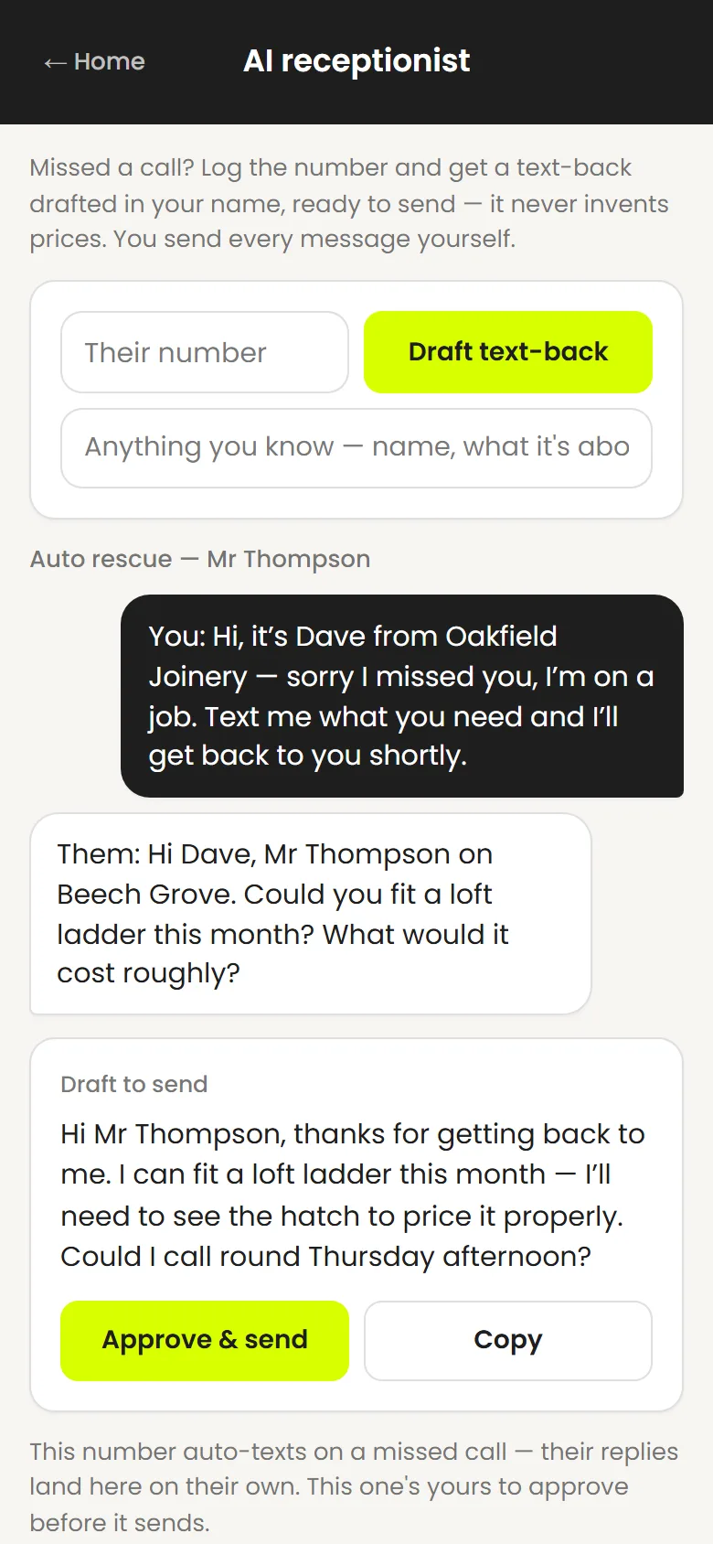 The receptionist screen: an automatic text-back sent to Mr Thompson, his reply asking about a loft ladder, and a drafted response waiting with Approve and send and Copy buttons.
