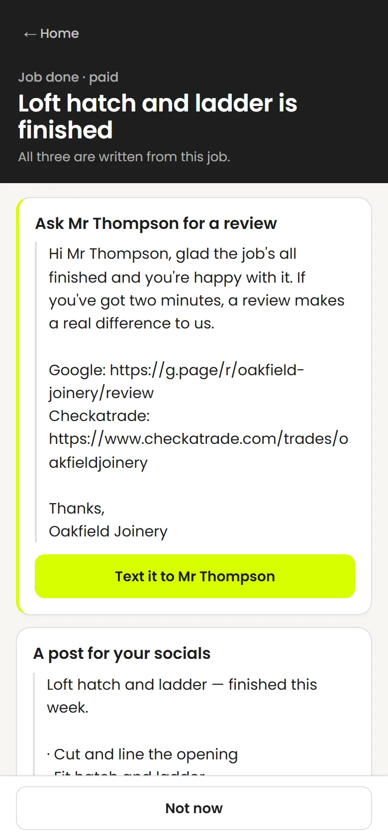The job-done screen for a finished loft hatch and ladder: a review ask drafted to Mr Thompson, and a social post listing the work that was actually ticked off.