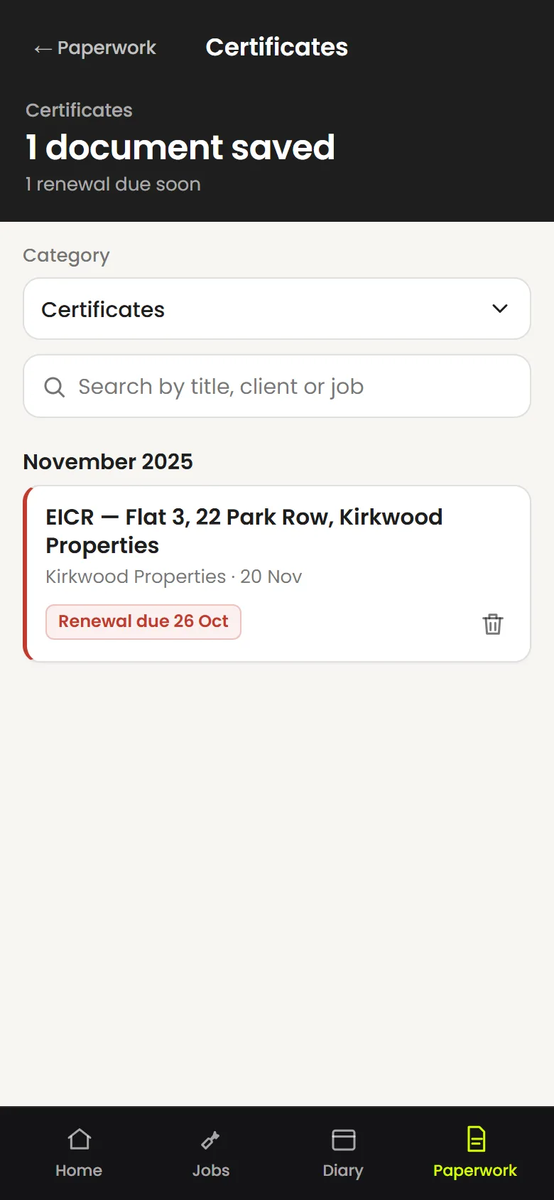 The certificates list: an EICR for Flat 3, 22 Park Row filed under Kirkwood Properties, with a red “Renewal due 26 Oct” badge.